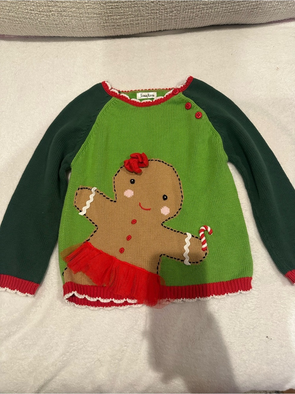 Neiman Marcus Green and Dark Green Gingerbread Sweater with Red Tulle Size 4/5